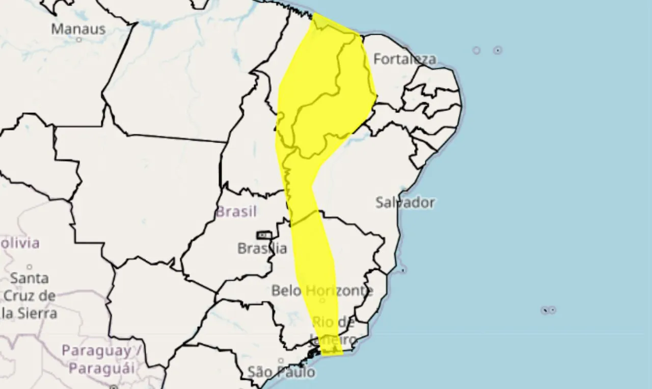 A imagem mostra as áreas em alerta para chuva intensa no Nordeste, Sudeste, Norte e Centro-Oeste